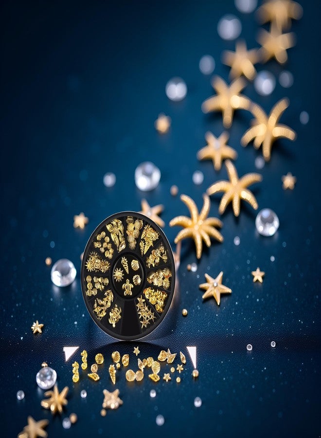 WaigN 2 Box 12 Styles Golds Nail Art Metal Studs Golds Metallic 3D Pieces Rivet Palm Tree Turtles Marine Life Charms for Summer Beach Ocean Manicure DIY Acrylic Nails Design Supply (Gold Ocean Studs) - Image 2